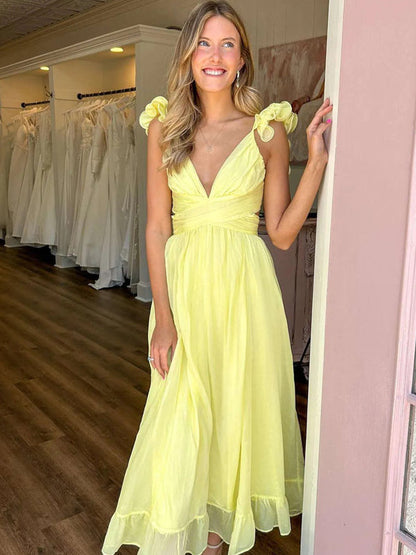 Yellow V-neck Ruffles Strap A-line Elegant Ankle Length Party Dress