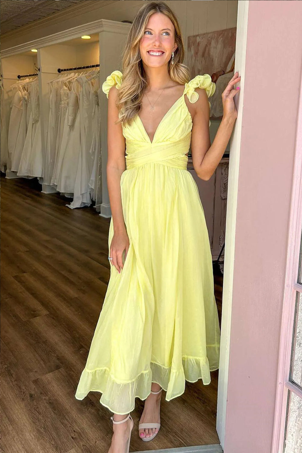 Yellow V-neck Ruffles Strap A-line Elegant Ankle Length Party Dress