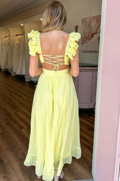 Yellow V-neck Ruffles Strap A-line Elegant Ankle Length Party Dress