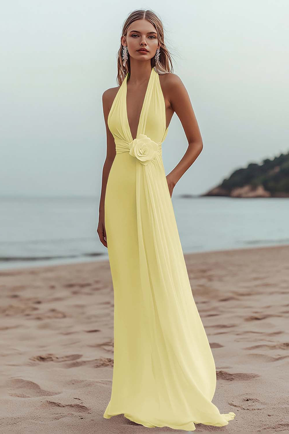 White A Line Deep V-Neck Long Engagement Dress with 3D Flower