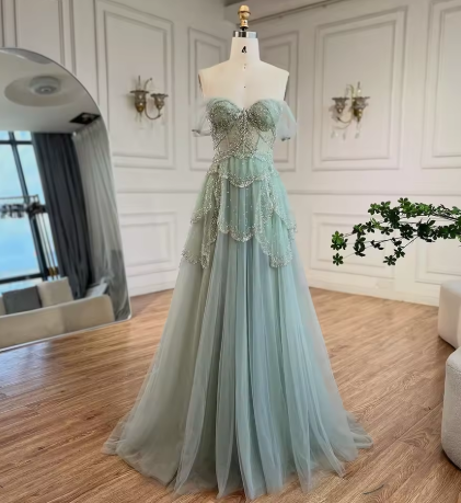 Sage Green A-Line Off The Shoulder Tulle Beaded Evening Dress