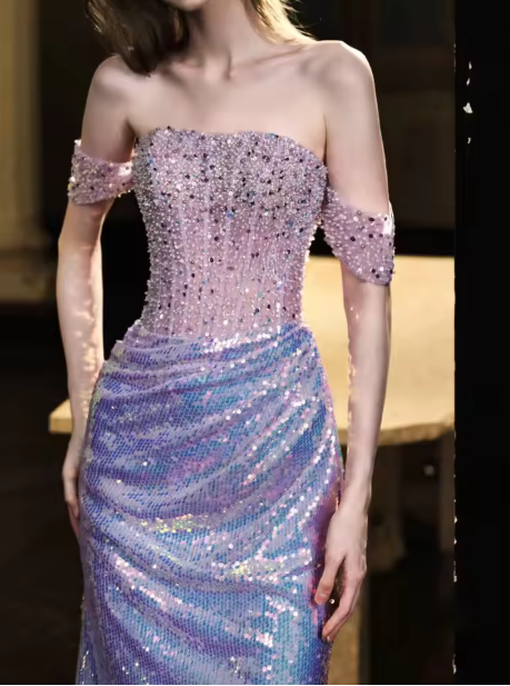 Glitter Off Shoulder Beaded Sequin Mermaid Prom Formal Evening Gown