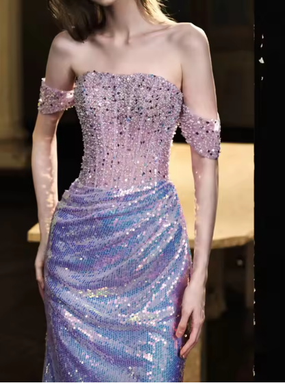 Glitter Off Shoulder Beaded Sequin Mermaid Prom Formal Evening Gown