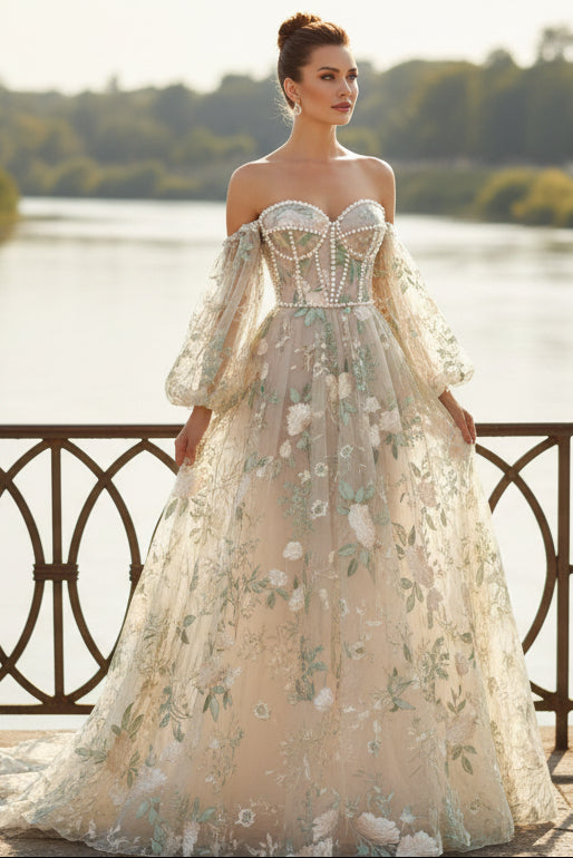A-Line Light Green Sweetheart Pearl Wedding Dress