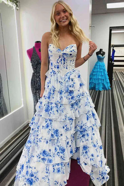 A-Line Long V-Neck Tiered Print Prom Dress