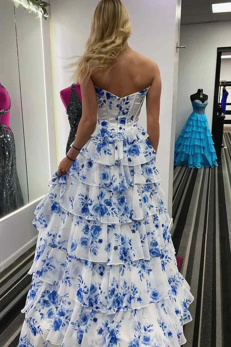 A-Line Long V-Neck Tiered Print Prom Dress