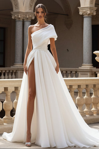 A-Line One-Shoulder Organza Sweep Train Wedding Dress
