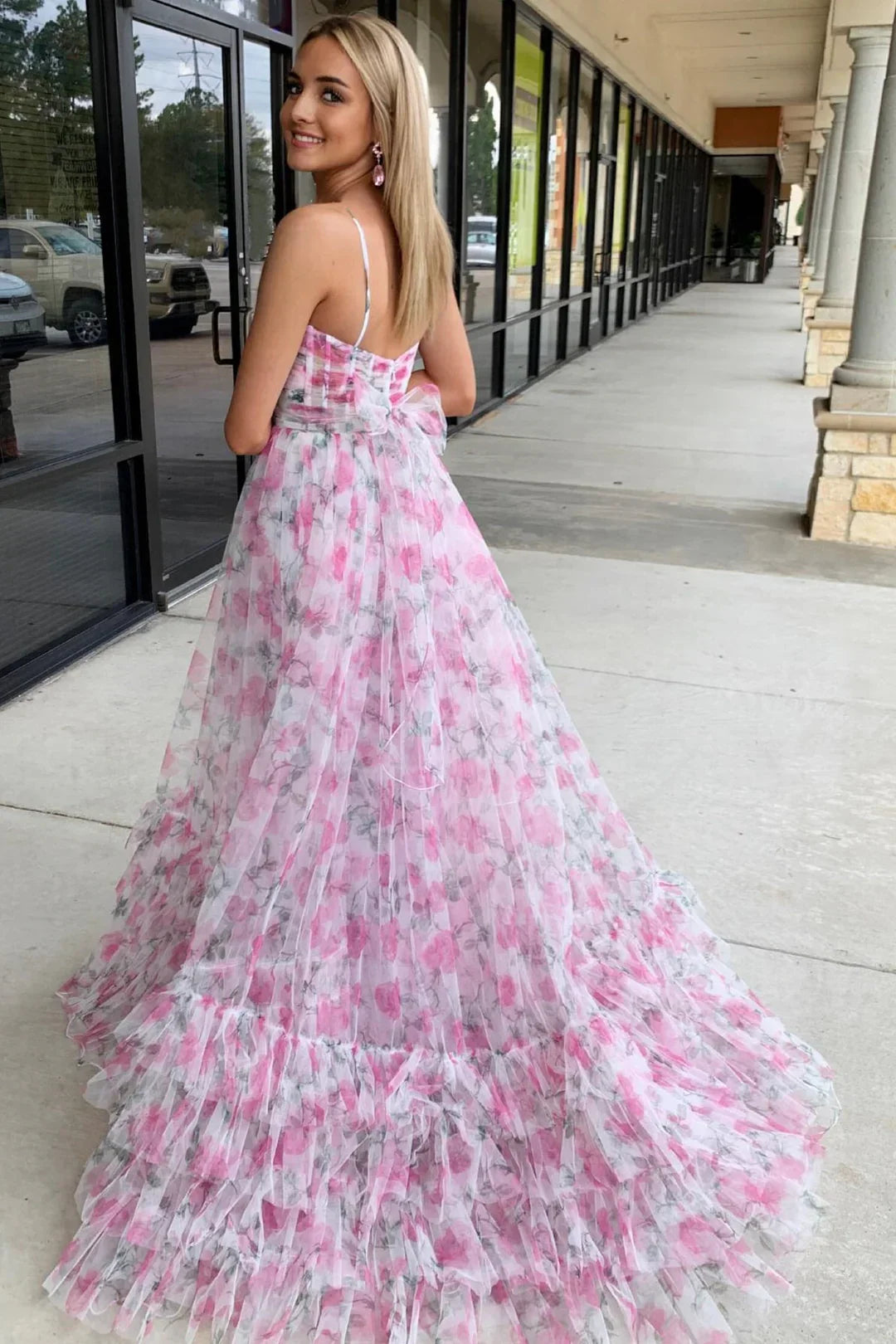 A-Line Pink Printed Formal Dress US Halter with Keyhole