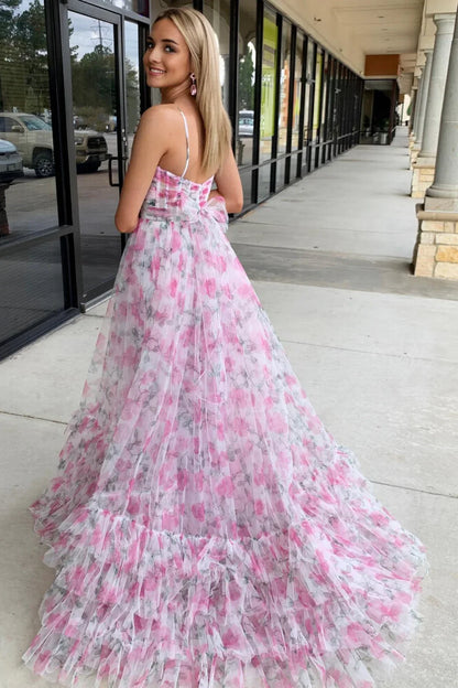 A-Line Pink Printed Formal Dress US Halter with Keyhole