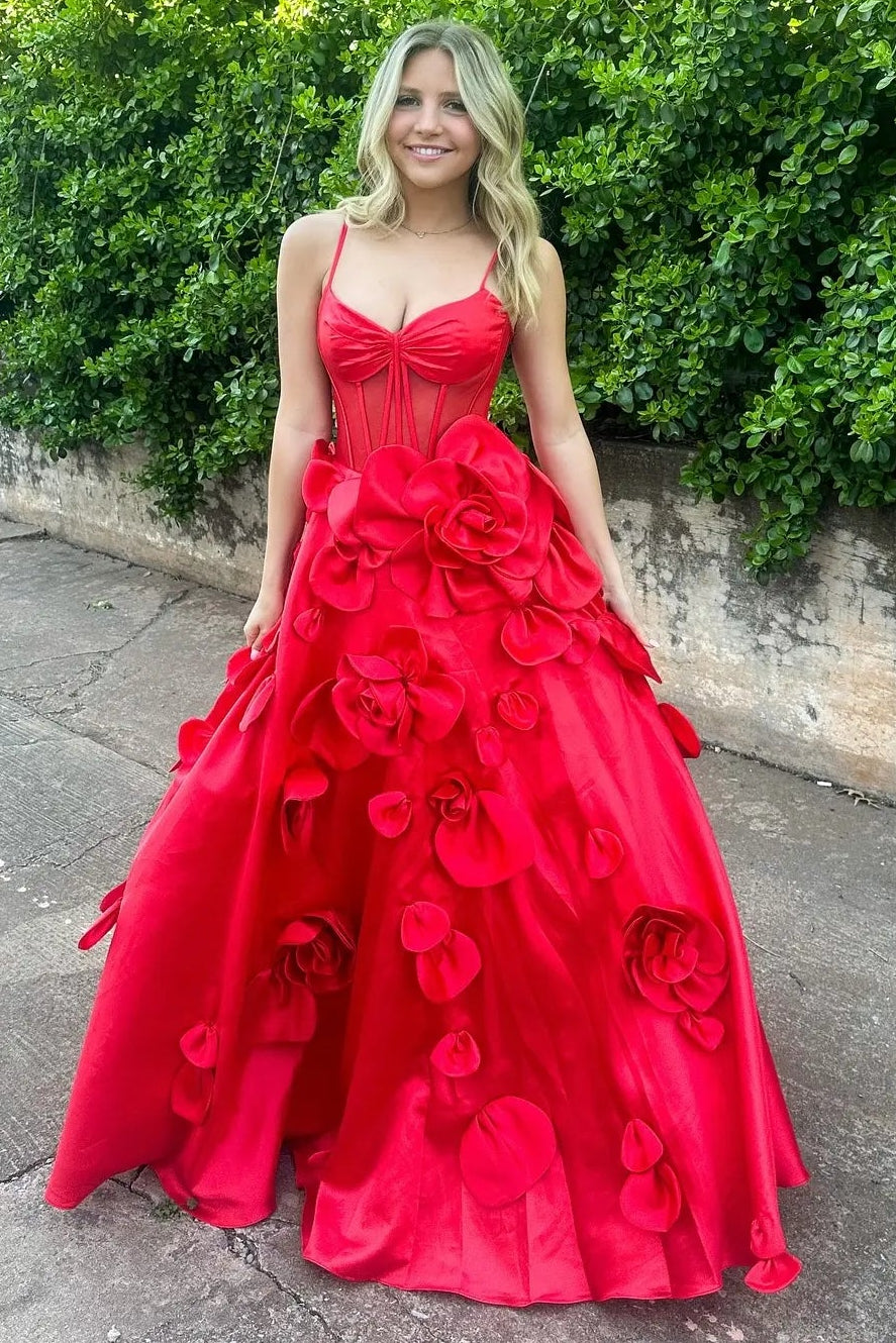 A-Line Satin Prom Dresses with 3D Flower