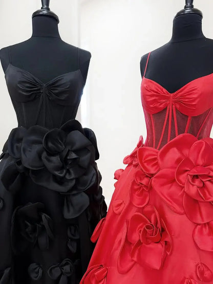 A-Line Satin Prom Dresses with 3D Flower