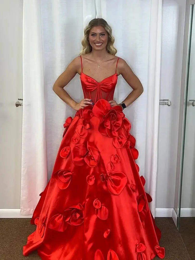 A-Line Satin Prom Dresses with 3D Flower