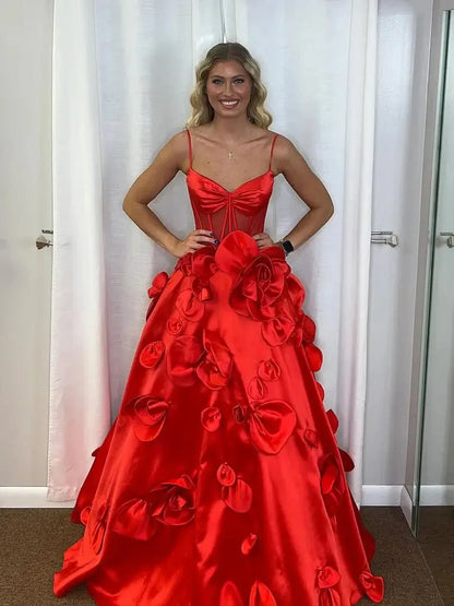 A-Line Satin Prom Dresses with 3D Flower