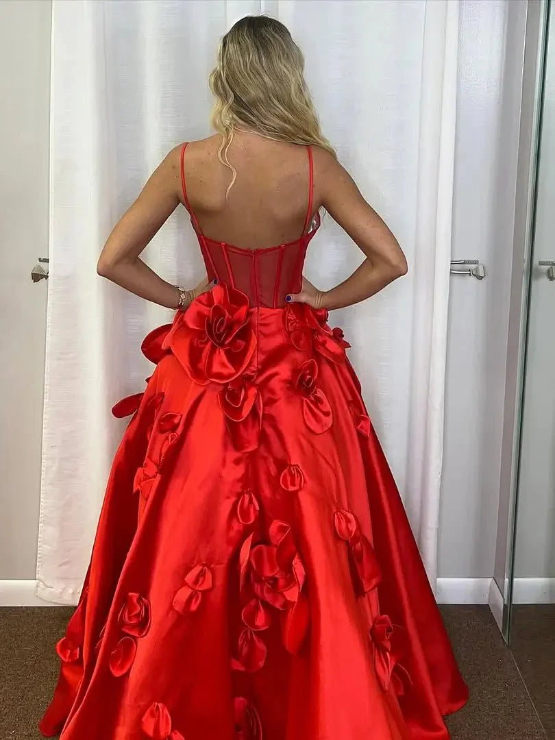 A-Line Satin Prom Dresses with 3D Flower