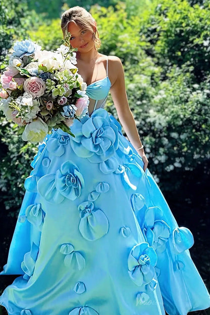 A-Line Satin Prom Dresses with 3D Flower