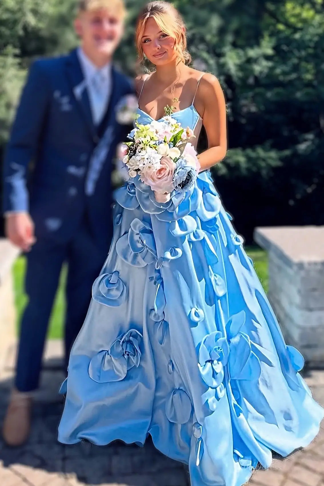 A-Line Satin Prom Dresses with 3D Flower