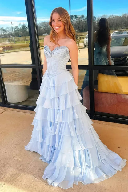 A Line Sky Blue Prom Dresses Chiffon Ruffled Sweetheart With Beading