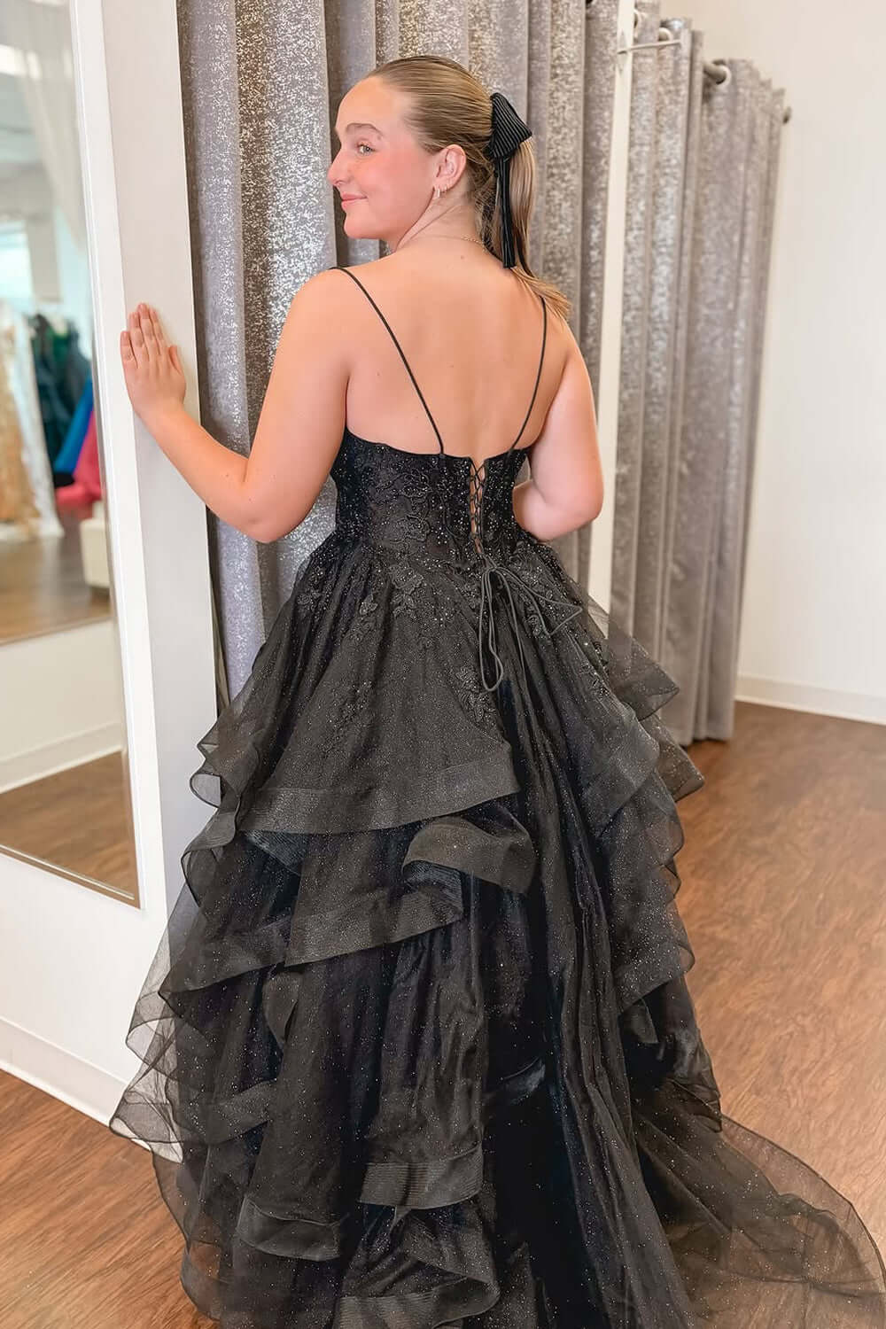 A Line V Neck Black Prom Dress Lace Appliques with Ruffles Tulle