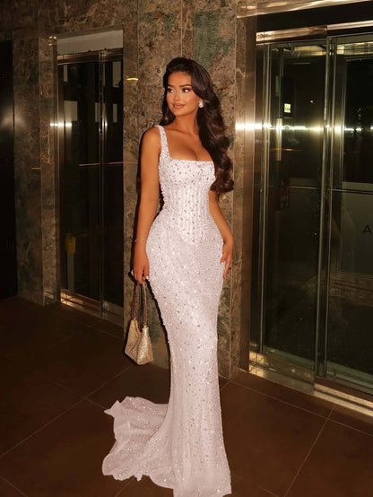 Spaghetti Strap Sleeveless Long Mermaid Prom Dress With Beading