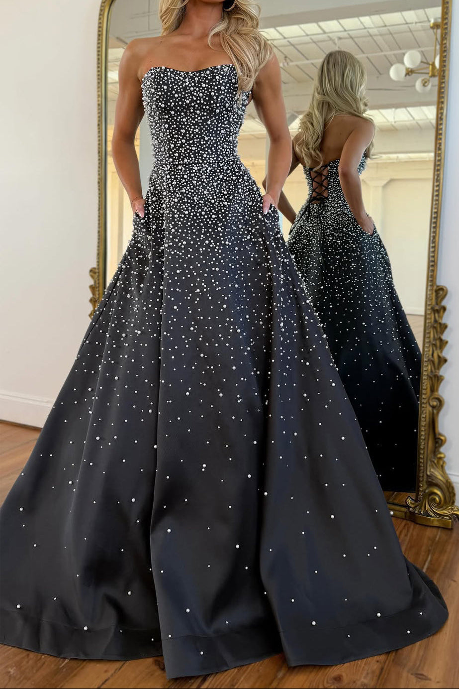 Glitter A Line Strapless Black Hot Fix Satin Prom Dress