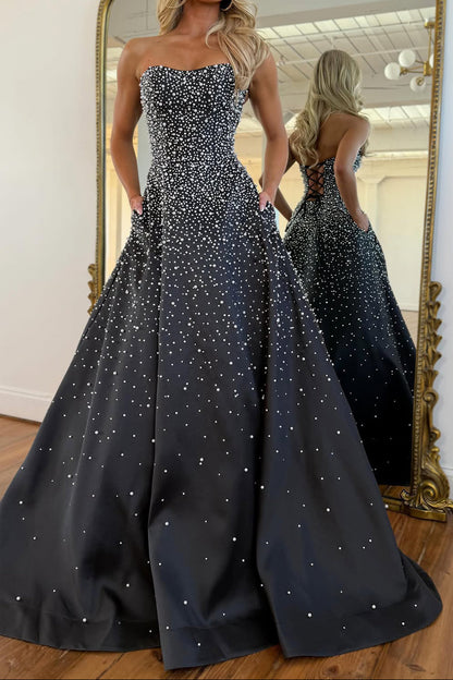Glitter A Line Strapless Black Hot Fix Satin Prom Dress