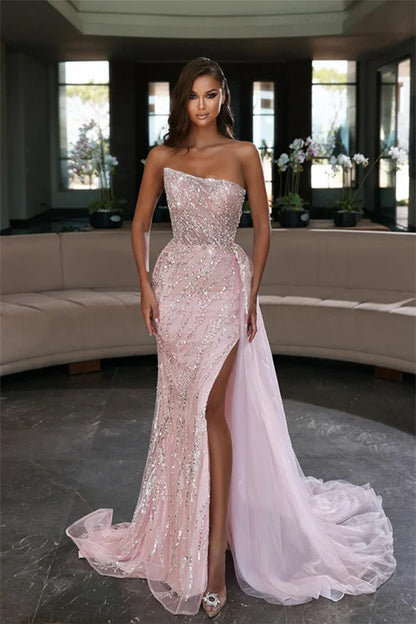 Modern Pink Strapless Mermaid Slit Evening Dress With Ruffles Beadings ED0417