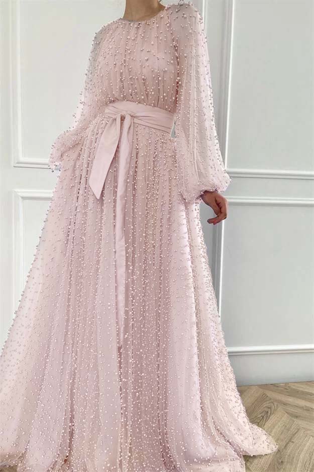 Long Sleeves Long Jewel Neck Prom Dress With Pleated Beading