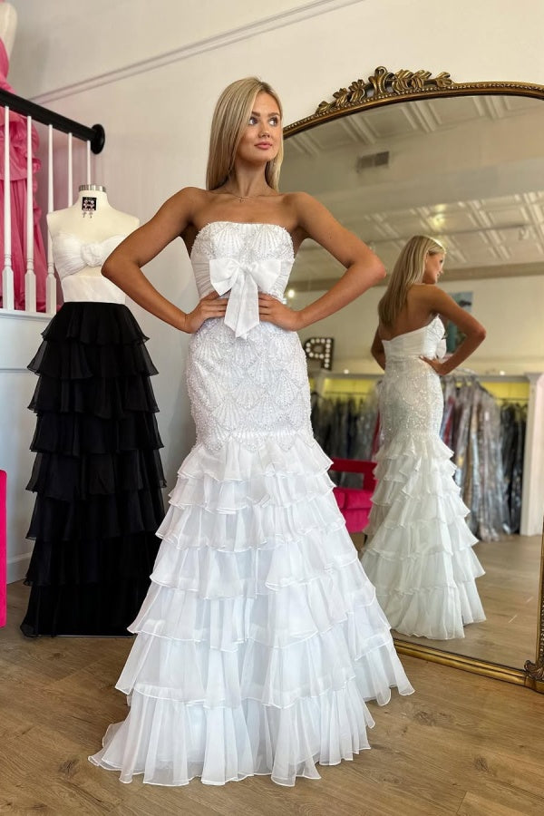 Stunning Strapless Prom Dress Mermaid Ruffles Beading with Bow