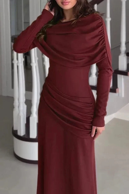 Patchwork Round Neck Long Sleeve Ruched Slim Fit Maxi Dresses