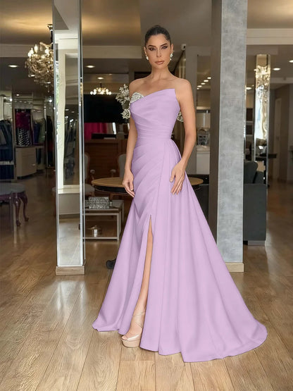 Red Strapless Beaded Pleated Long Prom Dress