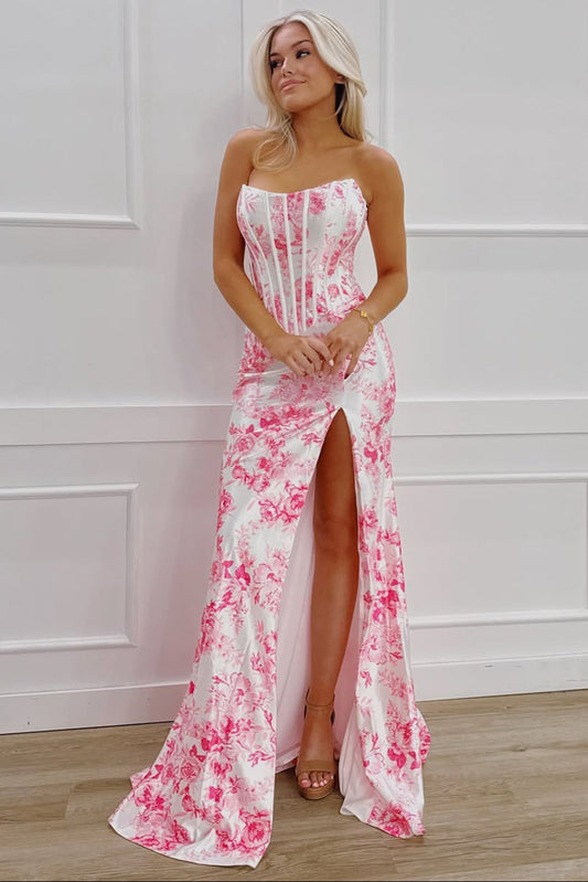 Cute Merrmaid Scoop Neck Floral Satin Long Slit Prom Dress