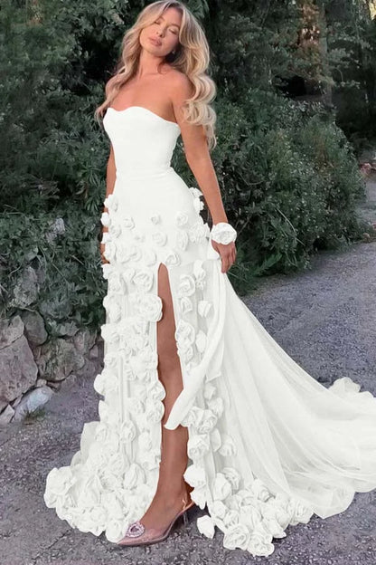 Sweet Candy Pink Split Handmade Flowers Strapless Prom Dress