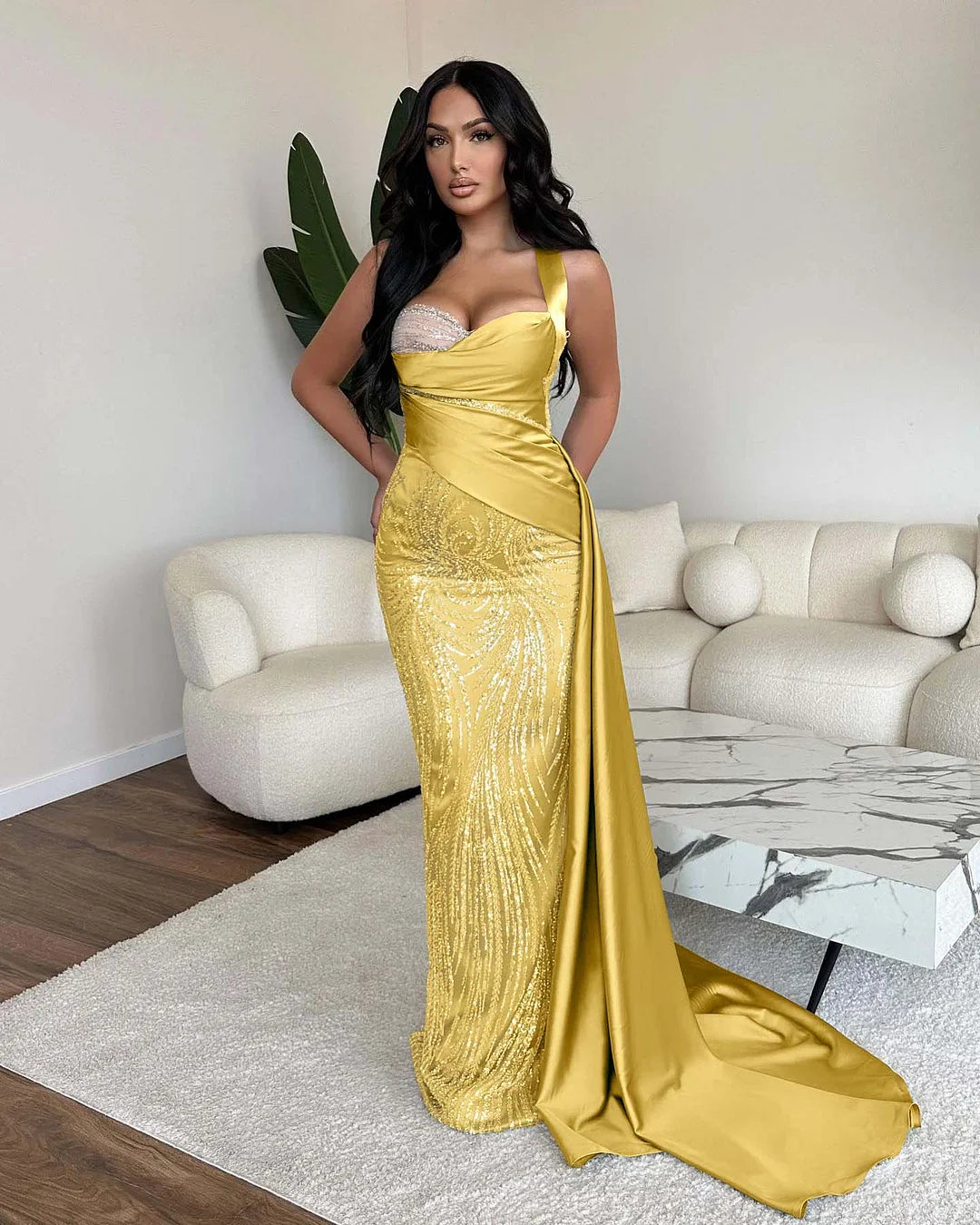 Elegant One Shoulder Mermaid Sequins Evening Dress Ball Gown With Ruffles