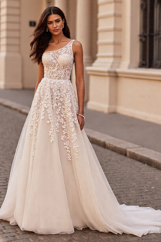 One Shoulder Tulle A-Line Bridal Gowns Long With Lace