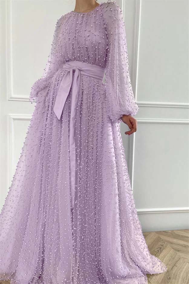 Long Sleeves Long Jewel Neck Prom Dress With Pleated Beading
