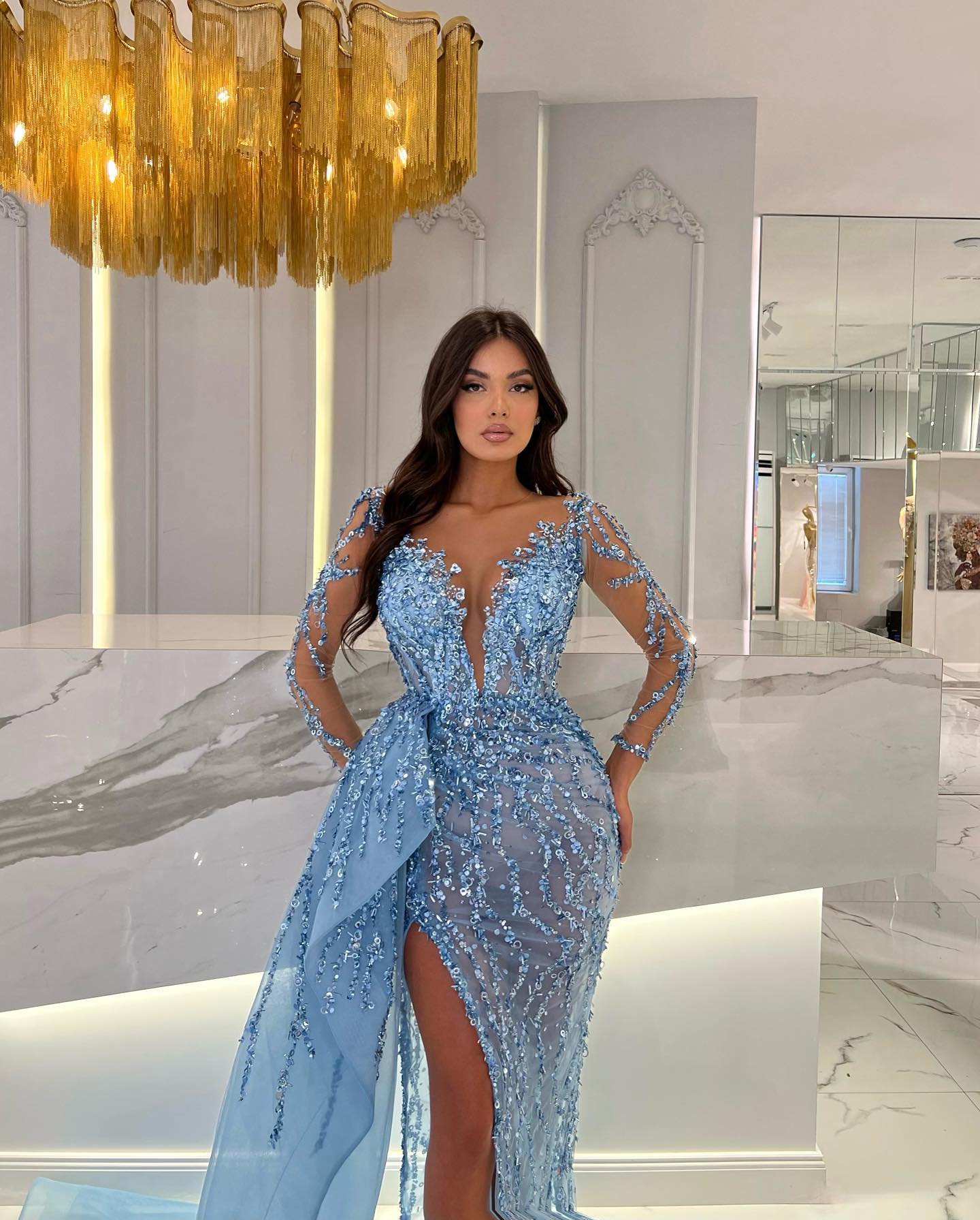 Shiny Blue Split Long Sleeves Mermaid Beaded Prom Dress Appliques Tulle