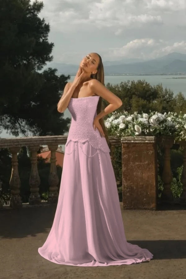 Chiffon Strapless Sleeveless Long A-Line Prom Dress With Beadings And Pearls