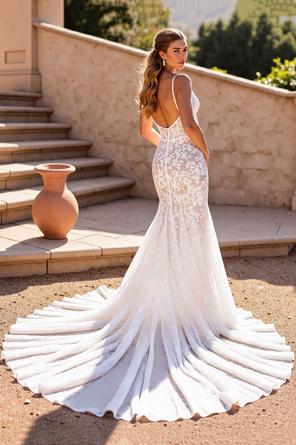 V-Neck Sleeveless Open Back Mermaid Tulle Lace Wedding Dress