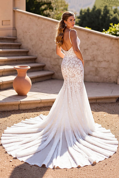 V-Neck Sleeveless Open Back Mermaid Tulle Lace Wedding Dress