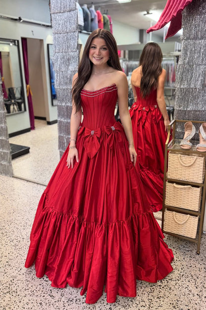 Sweet A Line Scoop Neck Dark Red Satin Prom Dress with Bow