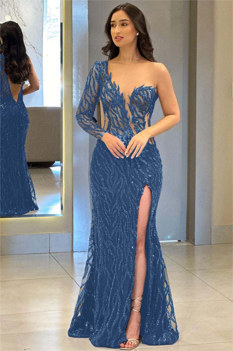 One Shoulder One Long Sleeve Backless Mermaid Split Prom Dress