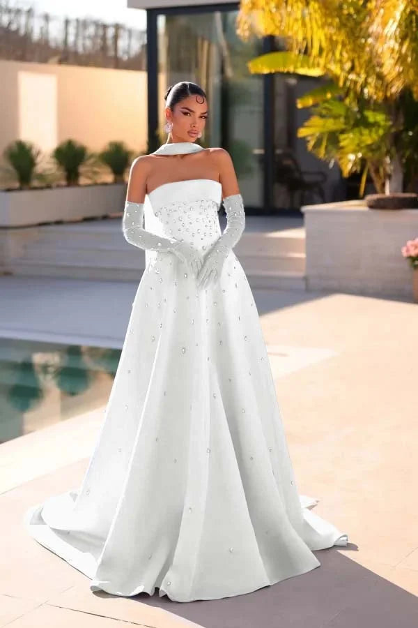 Light Blue Strapless A-Line Beaded Rhinestones Prom Dress With Gloves And Scarf