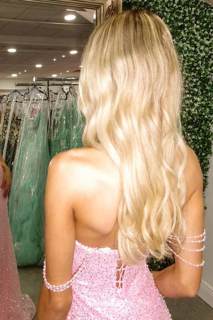 Mermaid Off the Shoulder Pink Sequins Long Prom Dress