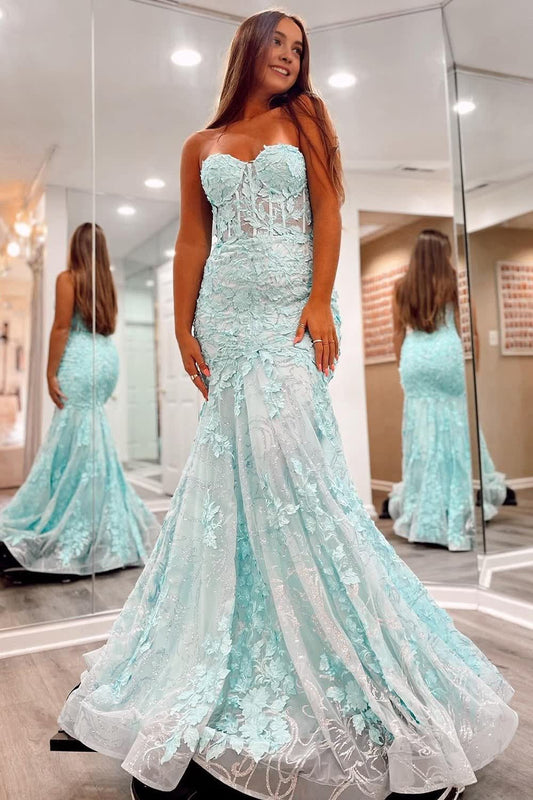 Cute Mermaid Sweetheart Lace Long Prom Dress with Appliques