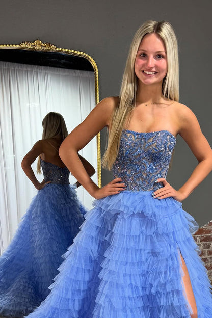 Gorgeous Ball Gown Strapless Blue Tiered Tulle Prom Dress