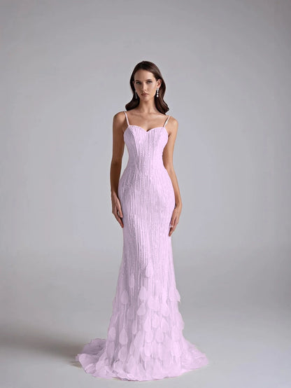 Spaghetti Straps Sleeveless Long Mermaid Prom Dress With Petals And Sequins