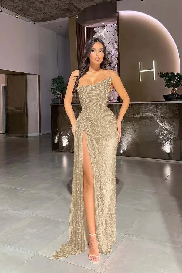 Red Strapless Gorgeous Split Sequins Prom Dress