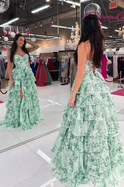 Fashion A Line Sweetheart Floral Chiffon Tiered Prom Dress