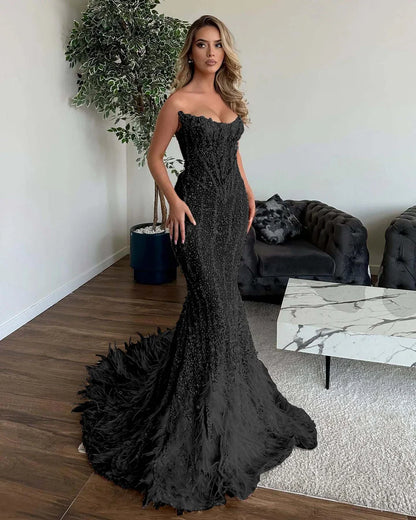 Shining Sequins Mermaid Prom Dress with Feathers