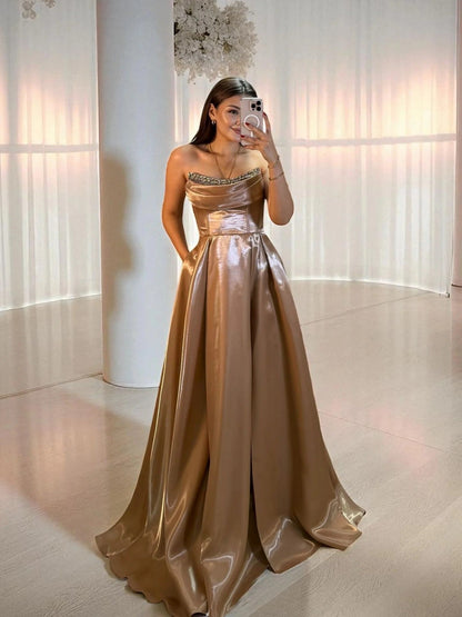 Shiny Satin Beaded Corset Formal Evening Gown